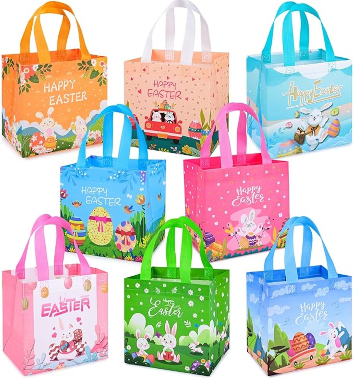 8 PCS Easter Gift Bags, Reusable Easter Basket with Handles, Non woven Treat Bags Tote Bags for Kids Easter Egg Hunt Game Party Supplies